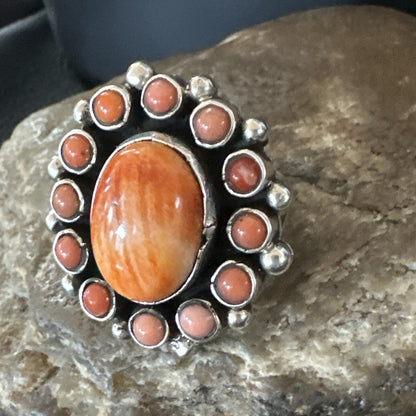 Orange Spiny Oyster Cluster Navajo Sterling Silver Ring Size 10 18397