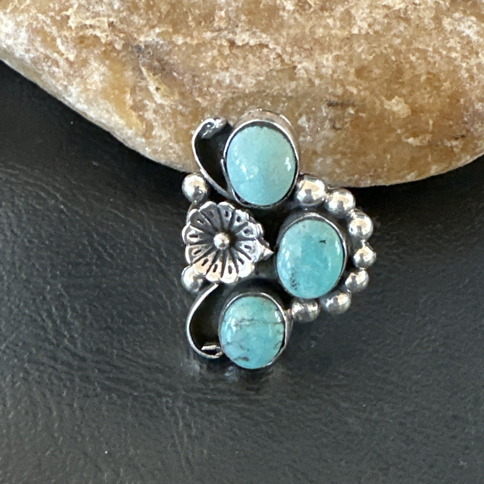 Yazzie Ring Blue Turquoise Navajo Sterling Silver Cluster Size 9 19217