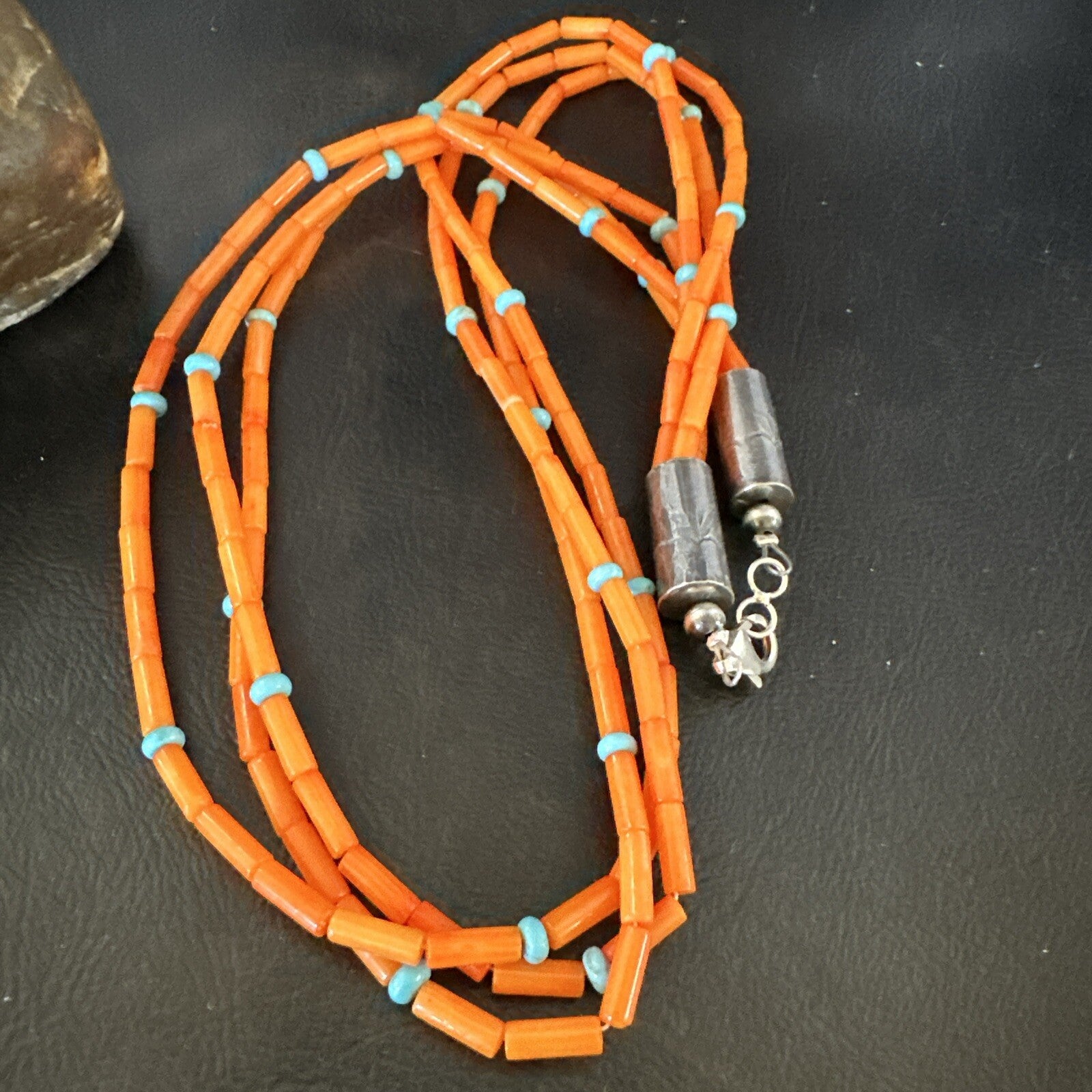 Native Turquoise Orange Coral Sterling Silver 3 Strand Necklace 21" 17819