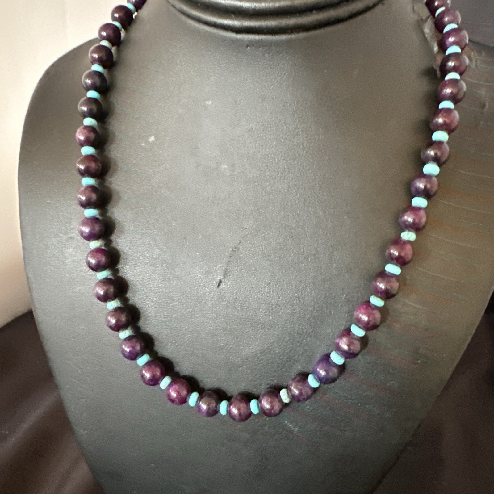 Purple Stone Blue Turquoise Bead Navajo Sterling Silver Necklace 18” 17788
