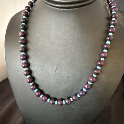 Purple Stone Blue Turquoise Bead Navajo Sterling Silver Necklace 18” 17788
