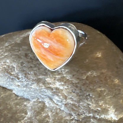 Orange Heart Ring Handmade Navajo Spiny Oyster Sterling Silver Sz 8 19327