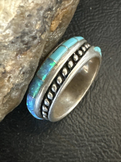 Blue Opal Navajo Sterling Silver Band Inlay Ring Size 8 18806
