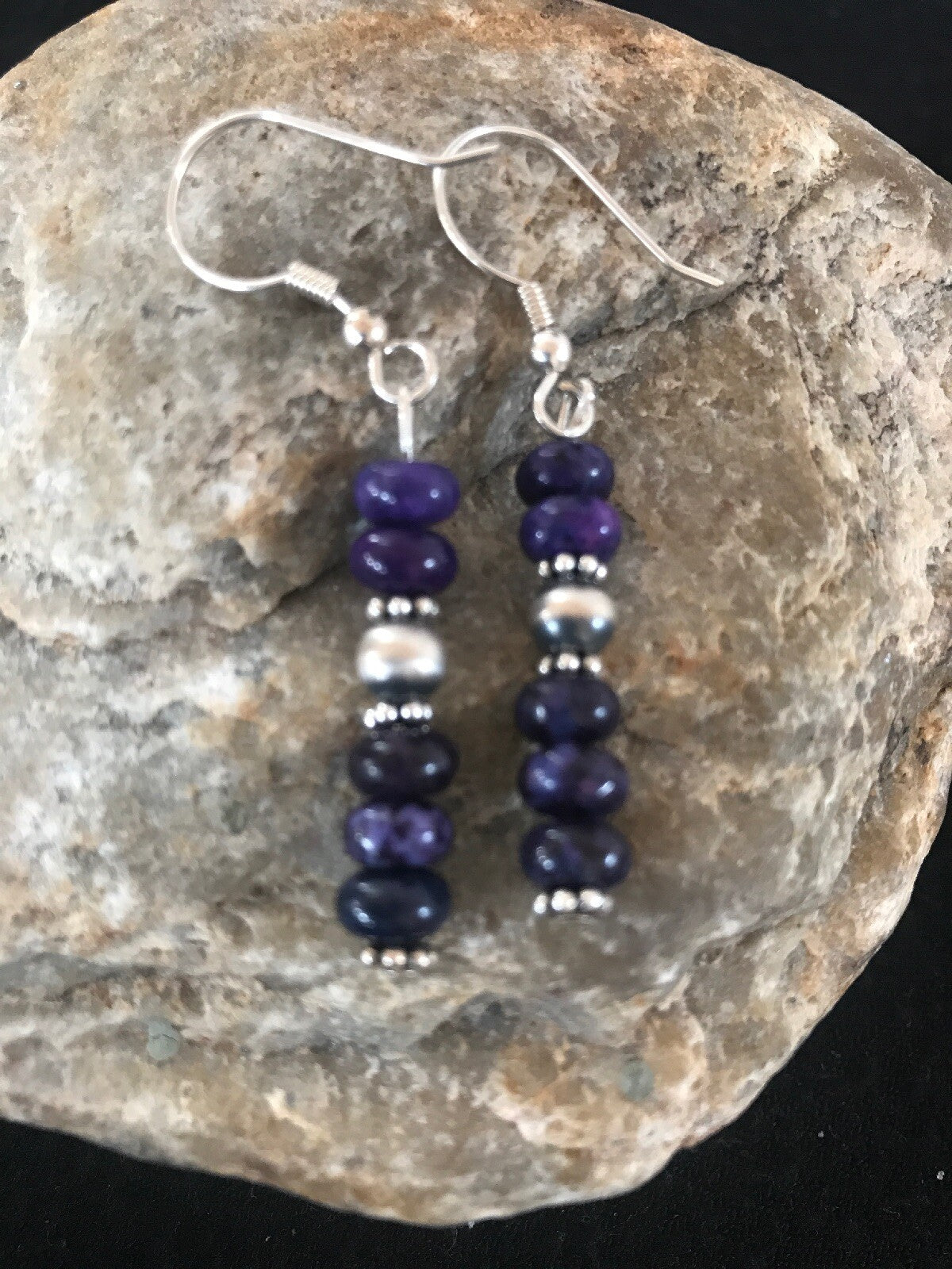 Navajo Purple Stone Sterling Silver Dangle Bead Earrings 1" 10059