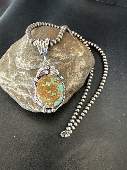 Mens Blue Turquoise#8 Pendant Navajo Sterling Silver Necklace 18070