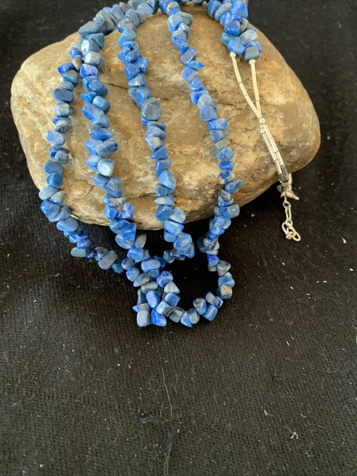 Blue Lapis Bead Liquid Heishi 2 Strands Sterling Silver Tubes Necklace 00851