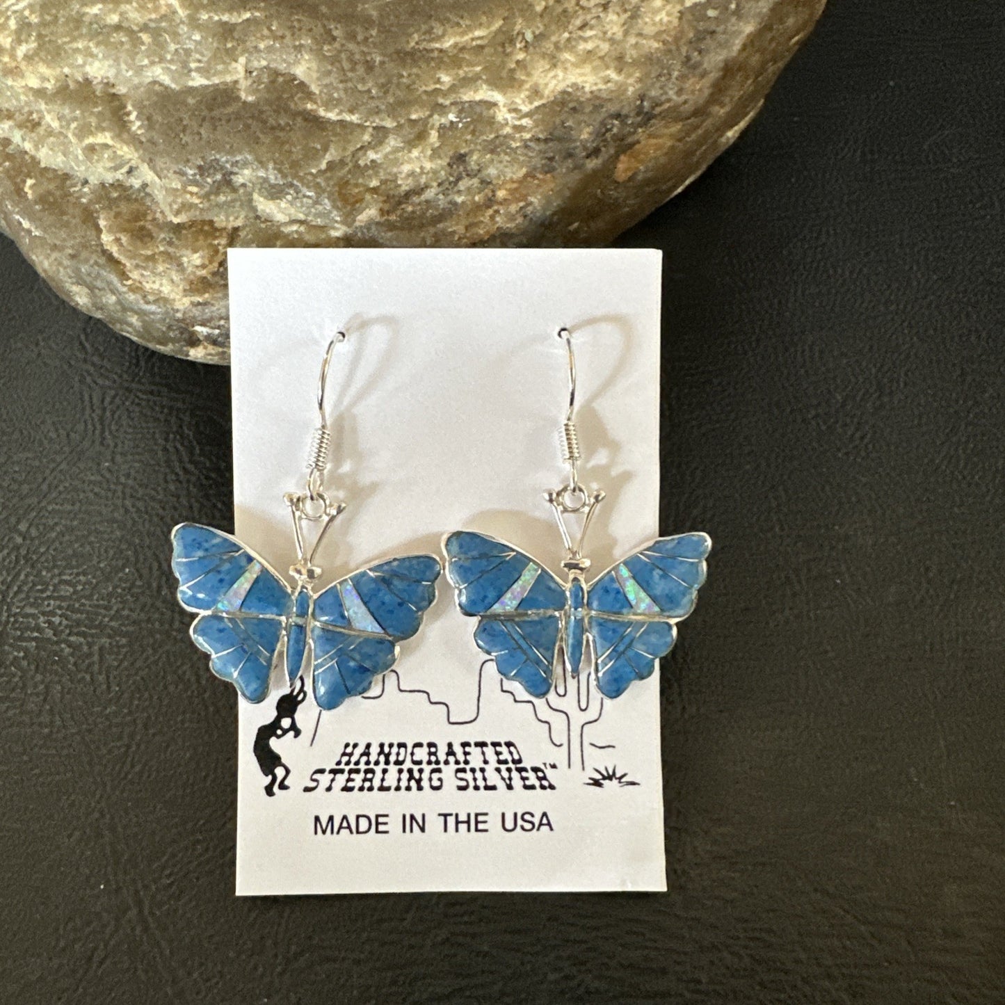 Butterfly Blue Denim Lapis Opal Inlay Sterling Silver Dangle Earrings 19138
