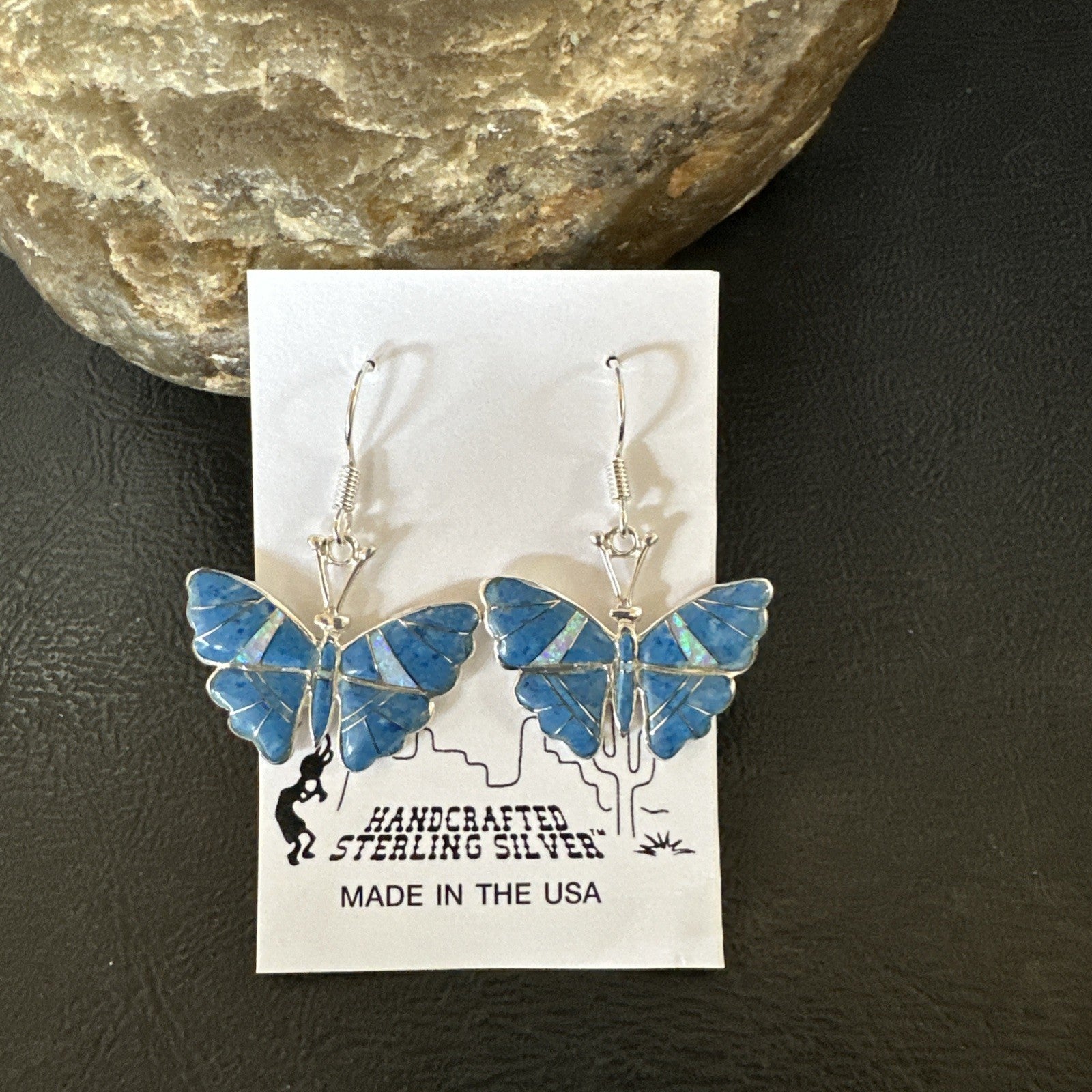 Butterfly Blue Denim Lapis Opal Inlay Sterling Silver Dangle Earrings 19138