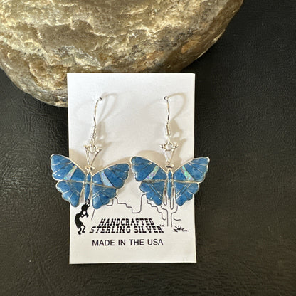 Butterfly Blue Denim Lapis Opal Inlay Sterling Silver Dangle Earrings 19138