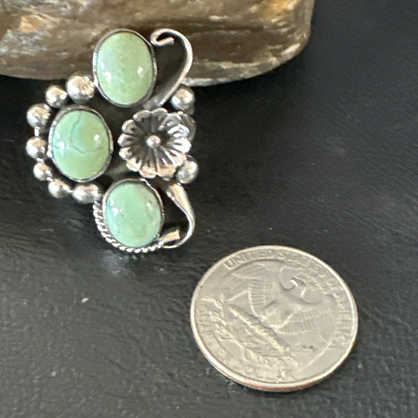 Yazzie Ring Green Turquoise Navajo Sterling Silver Cluster Size 8.5 19231