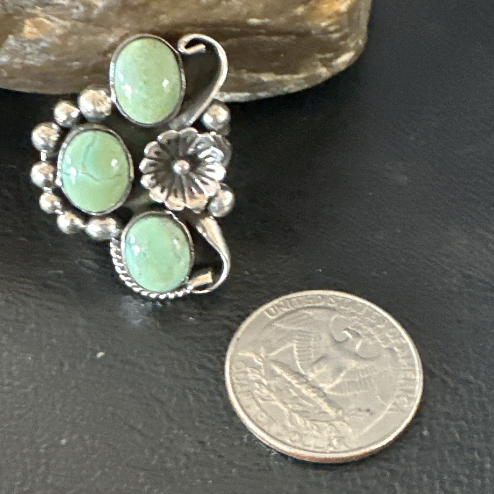 Yazzie Ring Green Turquoise Navajo Sterling Silver Cluster Size 8.5 19231
