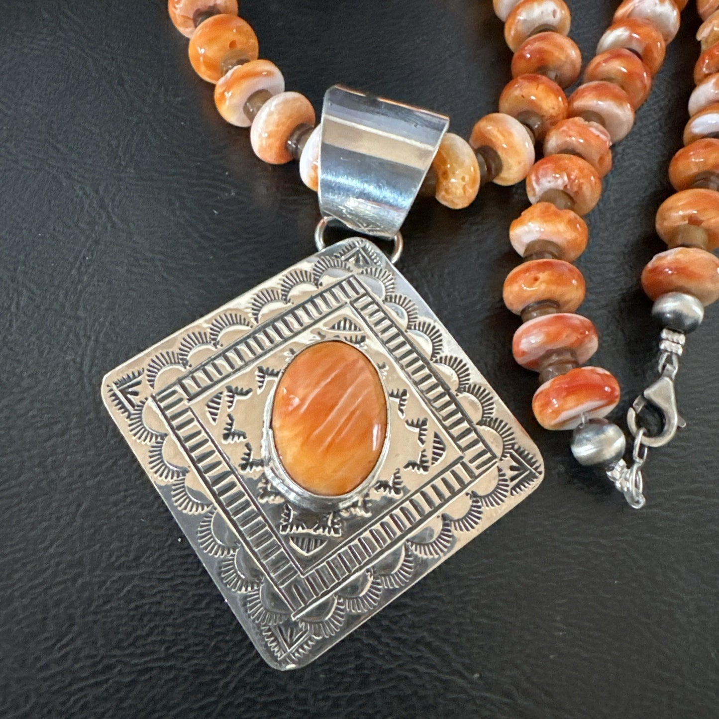H Joe Orange Spiny Oyster Pendant Navajo Sterling Silver Necklace 19481