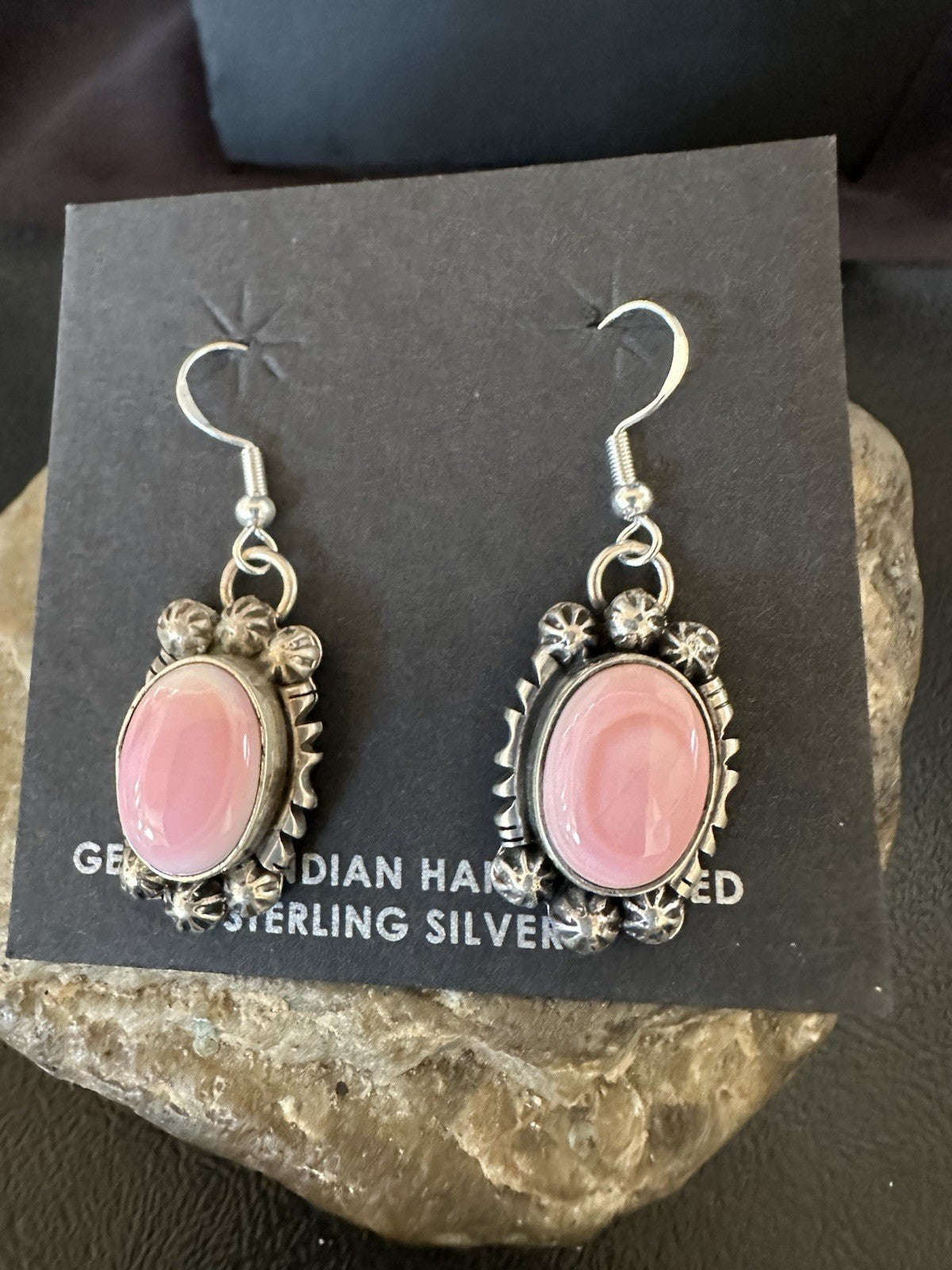 Handmade Pink Queen Conch Sterling Silver Navajo Dangle Earrings Yazzie 19535