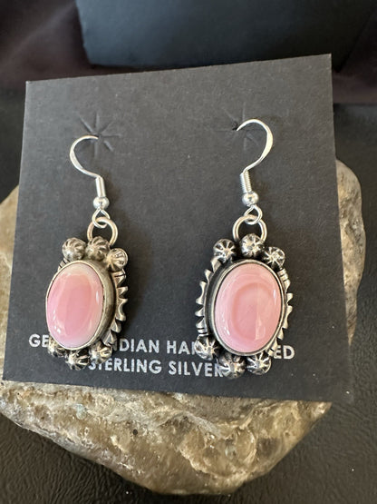 Handmade Pink Queen Conch Sterling Silver Navajo Dangle Earrings Yazzie 19535