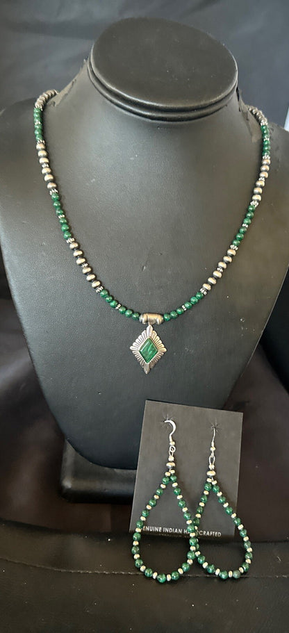 Womens Green Malachite Pendant Navajo Sterling Silver Necklace Earrings 18374