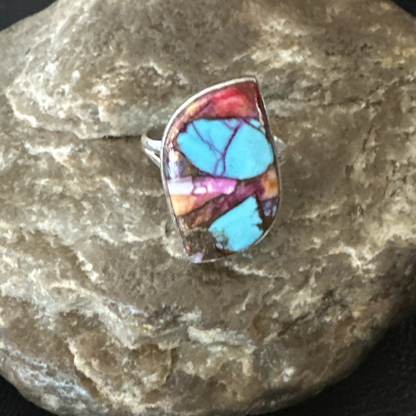 Blue Turquoise Spiny Oyster Southwestern Sterling Silver Ring Size 8 18441