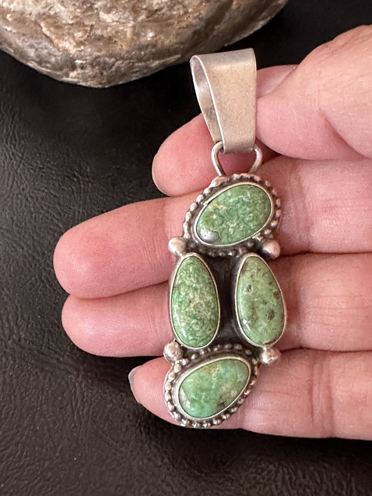 Green Sonoran Gold Turquoise Navajo Sterling Silver 925 Cluster Pendant 19401