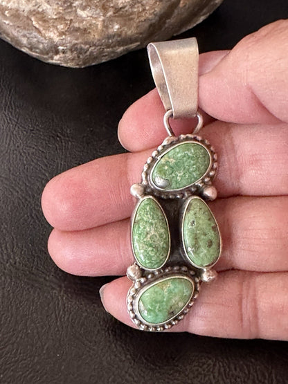 Green Sonoran Gold Turquoise Navajo Sterling Silver 925 Cluster Pendant 19401
