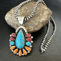 Multicolor Turquoise Spiny Navajo Cluster Pendant Necklace | Sterling Silver | Authentic Native American Handmade | 19561
