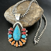 Multicolor Turquoise Spiny Navajo Cluster Pendant Necklace | Sterling Silver | Authentic Native American Handmade | 19561