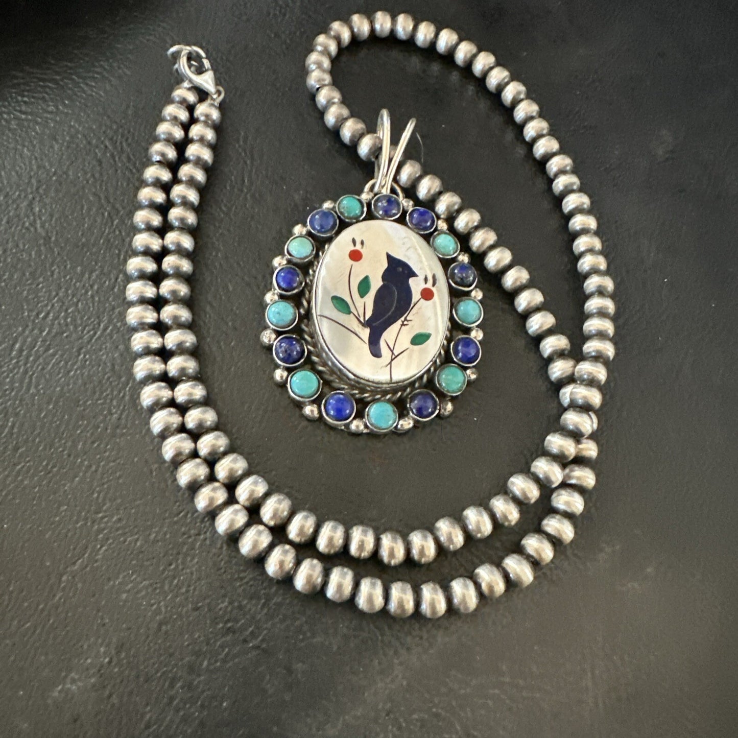 Blue Turquoise Black Onyx Inlay Pendant Sterling Silver Necklace 20�17926