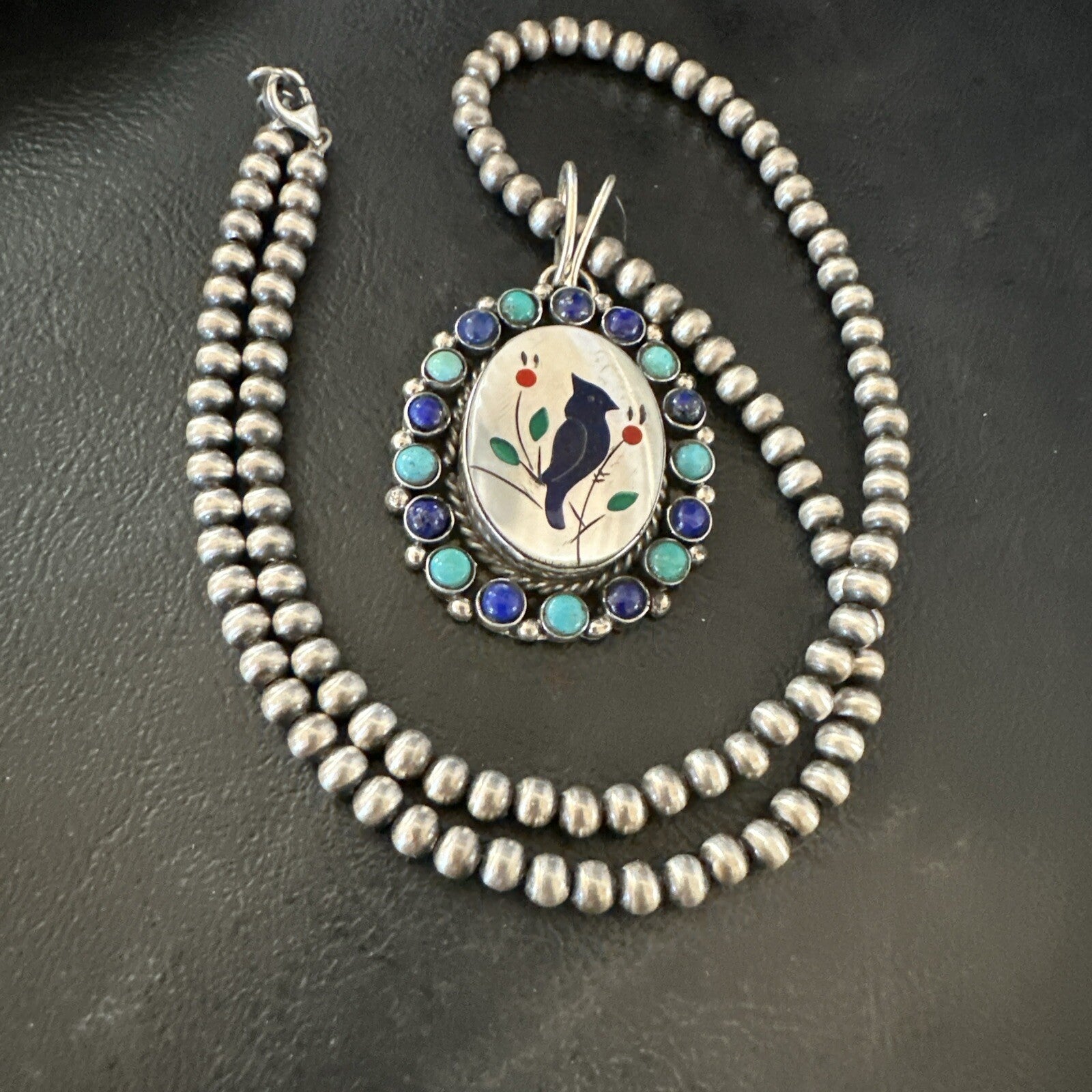 Blue Turquoise Black Onyx Inlay Pendant Sterling Silver Necklace 20�17926