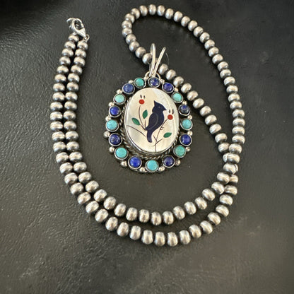 Blue Turquoise Black Onyx Inlay Pendant Sterling Silver Necklace 20�17926