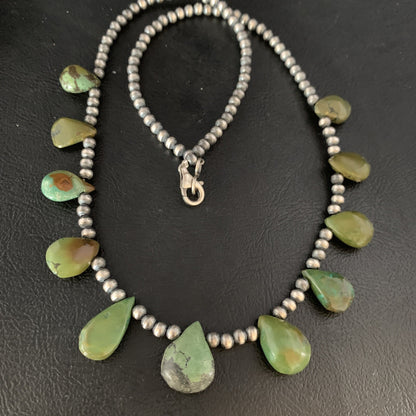 Teardrop Navajo Pearls Sterling Silver Green Turquoise Necklace 20" 13508