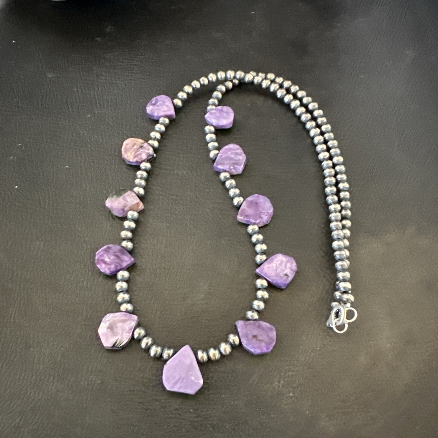 Purple Charoite Teardrop Navajo Pearls Sterling Silver Necklace 20" 17933
