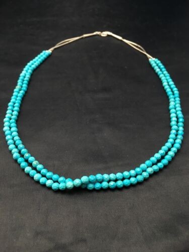 Blue Turquoise Faceted Bead 2 Strand Navajo Liquid Sterling Necklace 04368
