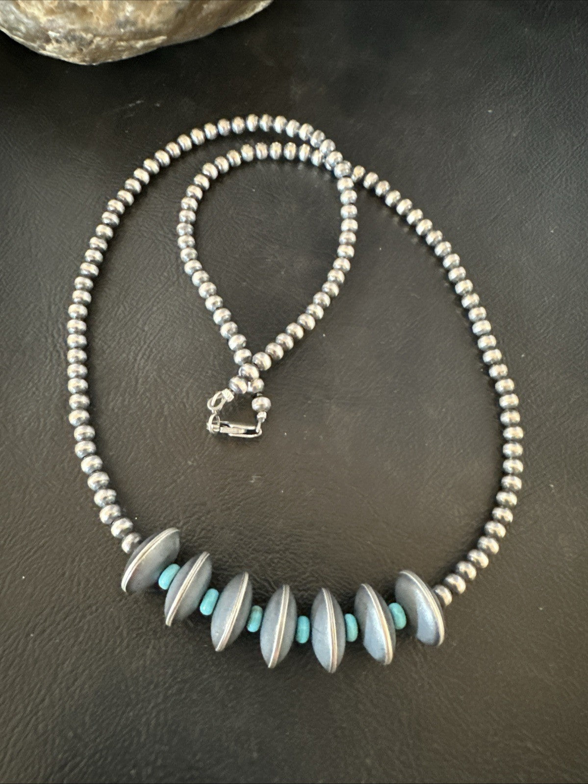 Blue Turquoise Round Flat Sterling Silver Beads Necklace 20” 19026