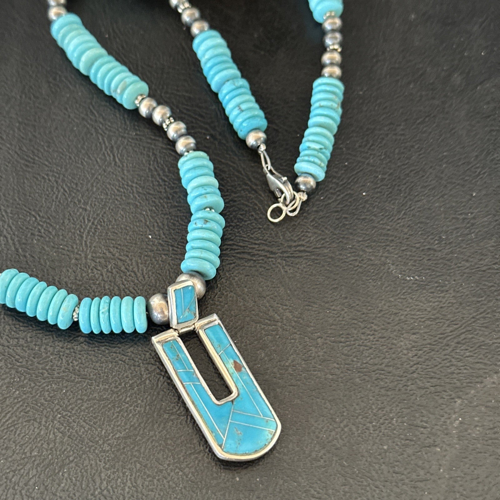 Blue Turquoise Inlay Pendant Navajo Sterling Silver Necklace 20" 19712