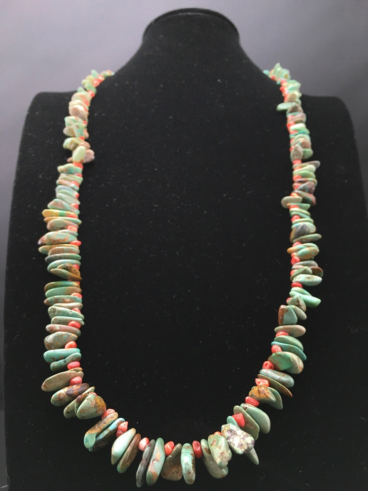 Green Turquoise & Spiny Oyster Navajo Sterling Silver Necklace 34" 04738