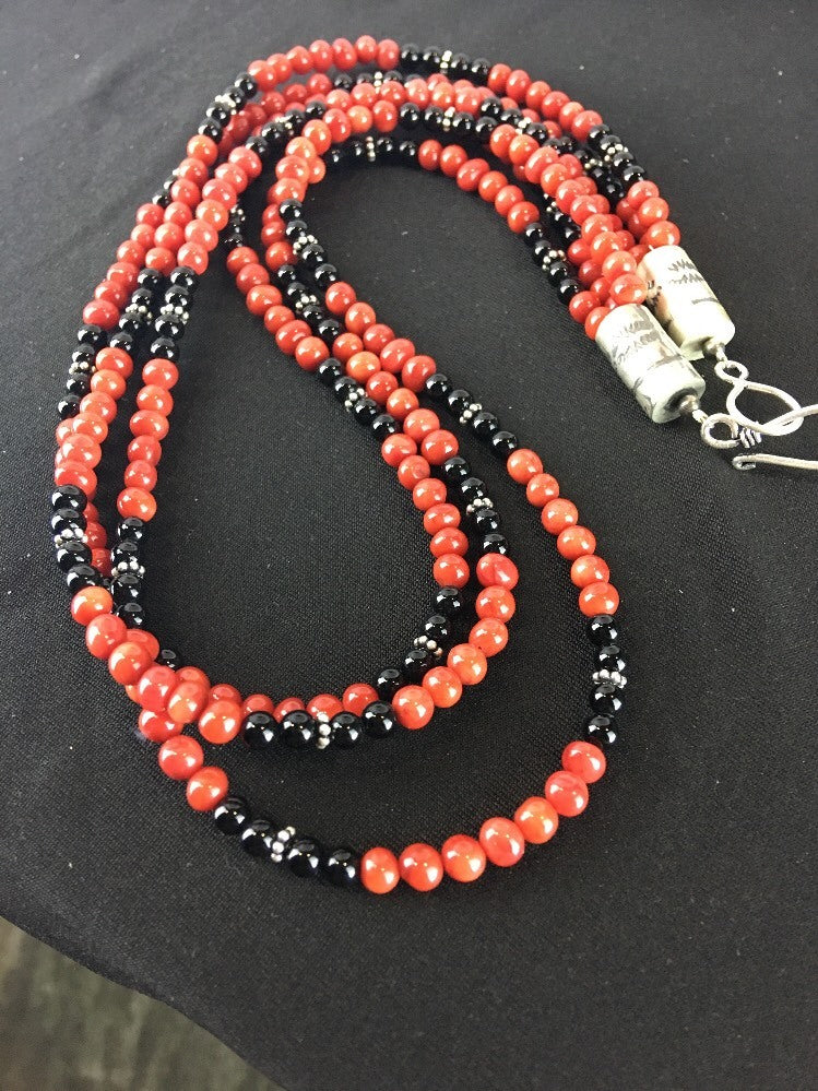 Red Bamboo Coral Black Onyx 3 Strand Sterling Silver Necklace 3246
