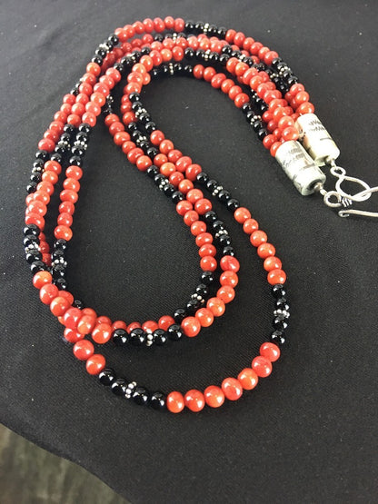 Red Bamboo Coral Black Onyx 3 Strand Sterling Silver Necklace 3246