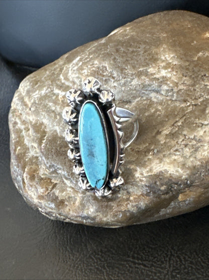 Blue Kingman Turquoise Native American Navajo Sterling Silver Ring Size 8 18634