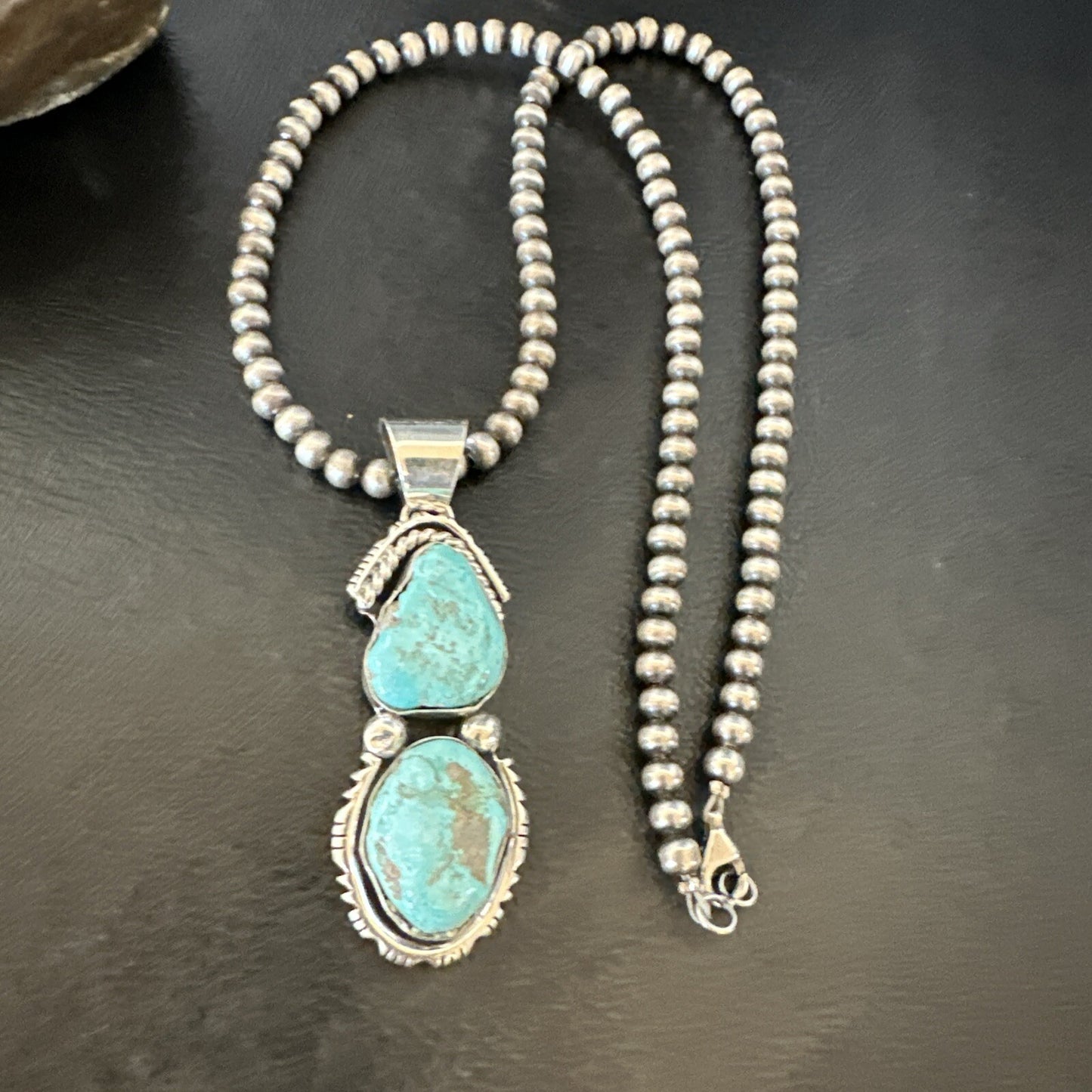 Blue Turquoise 2 Stone Navajo Sterling Silver Cluster Pendant 18308