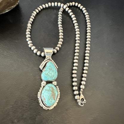 Blue Turquoise 2 Stone Navajo Sterling Silver Cluster Pendant 18308