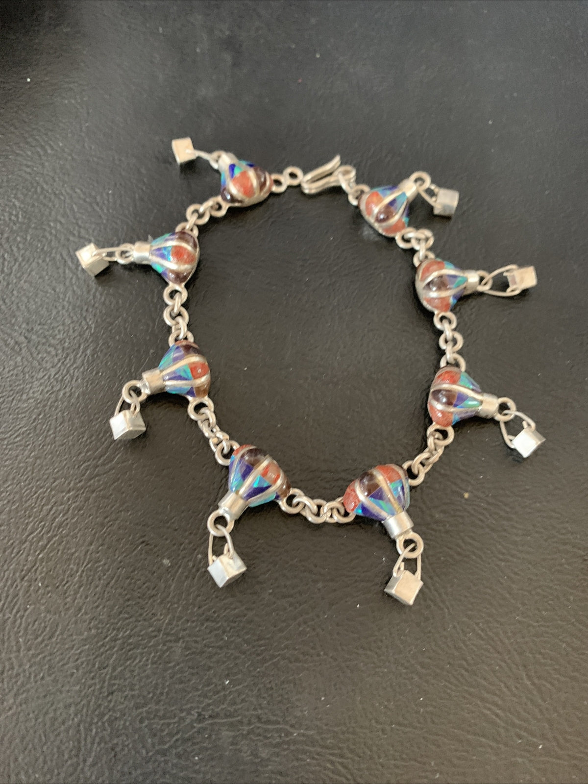 Blue Opal & Coral Balloon Navajo Sterling Silver Link Inlay Bracelet 7.5" 12923
