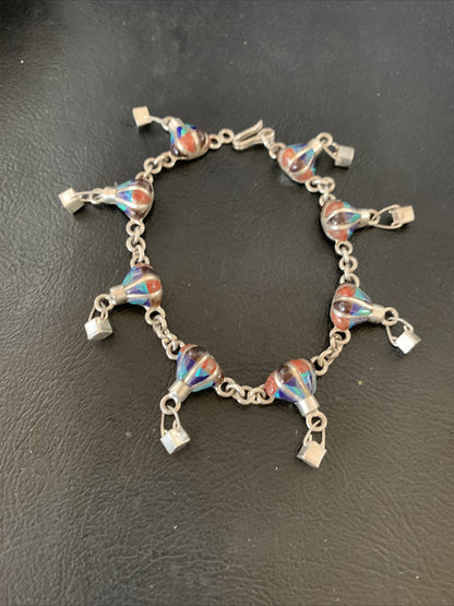 Blue Opal & Coral Balloon Navajo Sterling Silver Link Inlay Bracelet 7.5" 12923