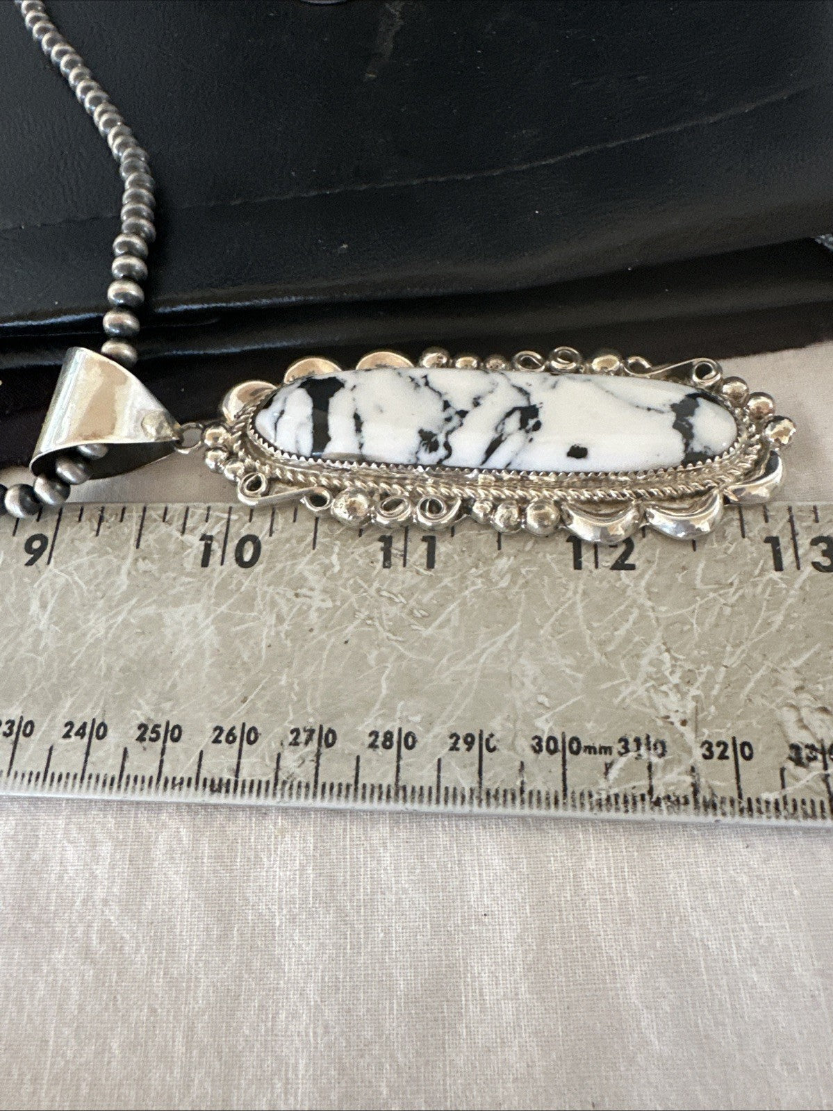 XXL White Buffalo Turquoise Pendant Navajo Sterling Silver Necklace 4" 19759