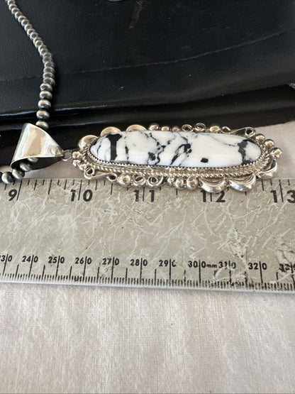 XXL White Buffalo Turquoise Pendant Navajo Sterling Silver Necklace 4" 19759