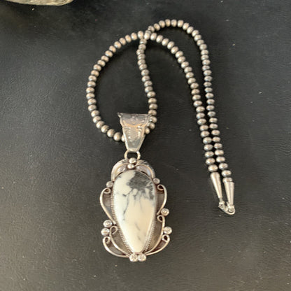 White Buffalo Turquoise Pendant Necklace Sterling Silver Navajo 13994