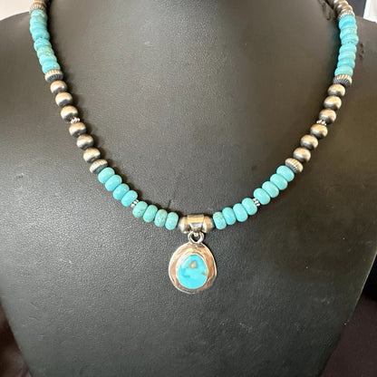 Mens Blue Kingman Turquoise Pendant Navajo Sterling Silver Necklace 21" 17903