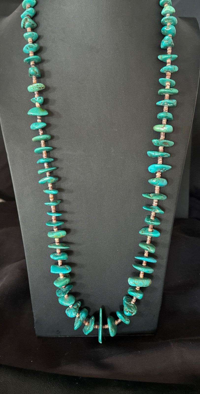 XL Navajo Kingman Turquoise Shell Heishi Sterling Silver Bead 35” Necklace 19634