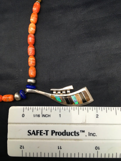 Multi-Stone Pendant Spiny Oyster Navajo Sterling Silver Necklace 19" 04519