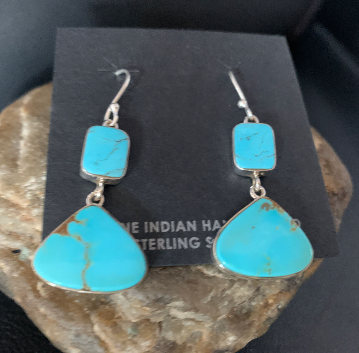 Blue Kingman Turquoise Navajo Sterling Silver Dangle Earrings 1.5" 14076
