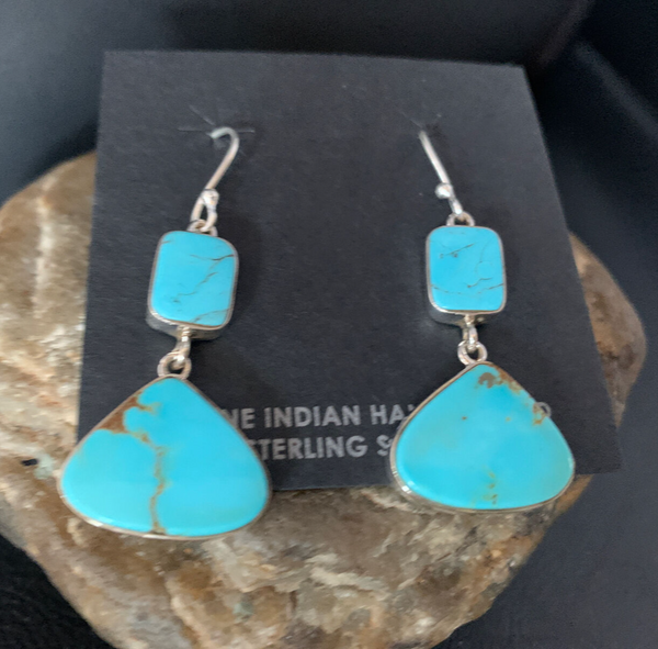 Blue Kingman Turquoise Navajo Dangle Earrings 1.5" | Sterling Silver | Authentic Native American Handmade | 14076