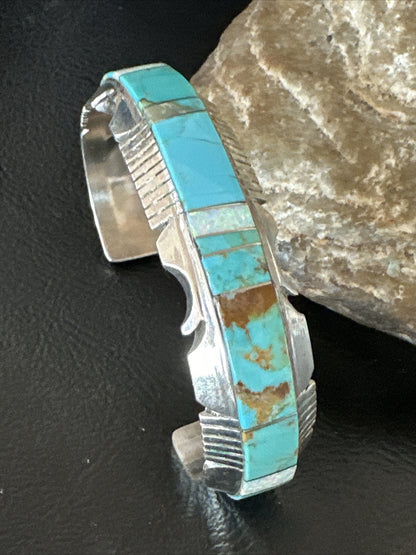 Blue Turquoise Opal Navajo Sterling Silver Cuff Inlay Bracelet 17957