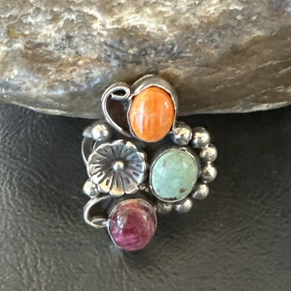 Multicolor Ring Turquoise Spiny Navajo Sterling Silver Cluster Size 8 19183